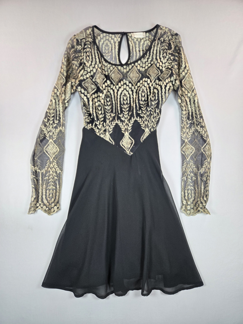 Altar'd State Black Gold Embroidered Mesh Skater Evening Mini Boho Dress Size S